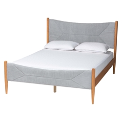 Baxton Studio Taylin Mid-Century Grey Corduroy and Oak Brown Wood Queen Bed